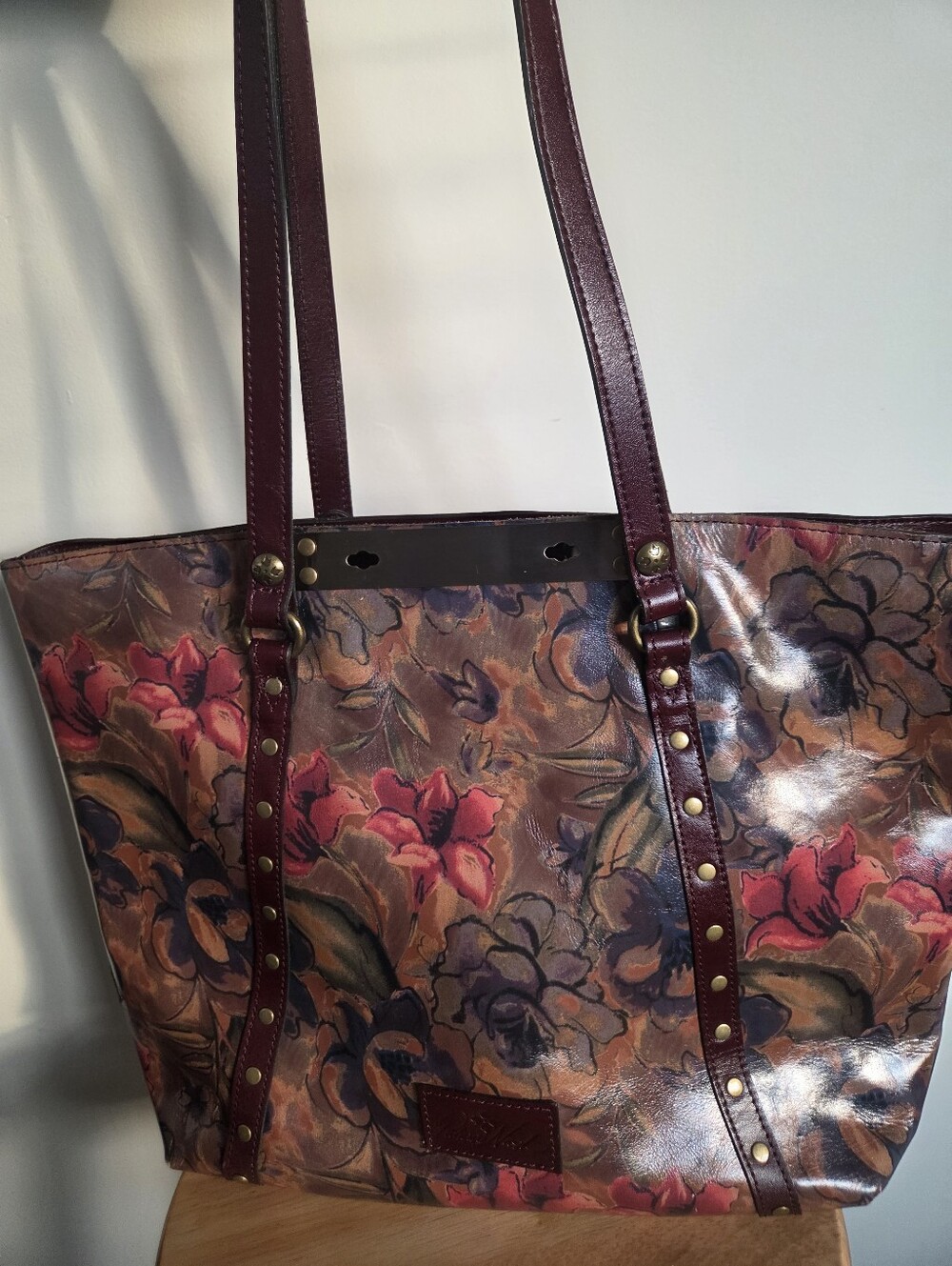 PATRICIA NASH BROWN FLORAL ITALIAN LEATHER LARGE SHOULDER TOTE SIENNA SUNSET
